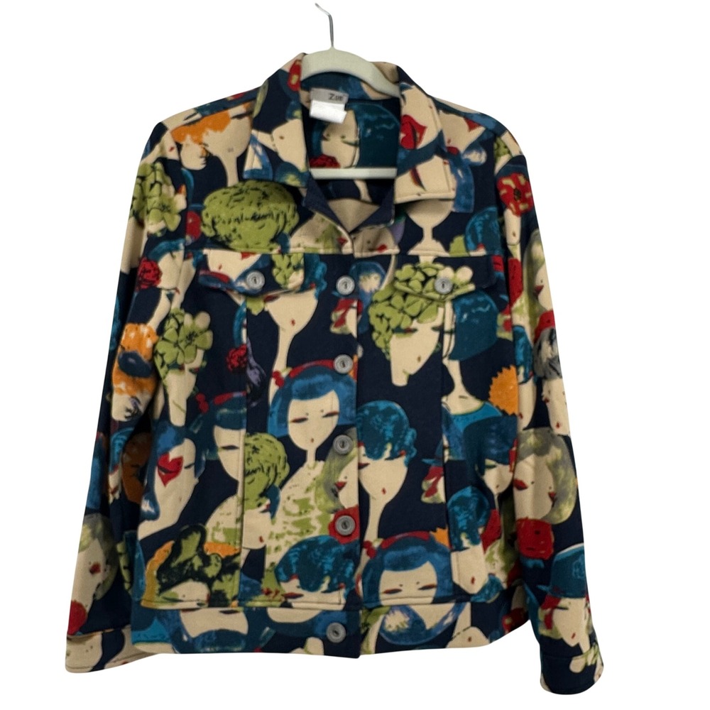 Zoe Abstract Face Print‎ Button Front Jacket Women Large Multicolor Art to Wear
